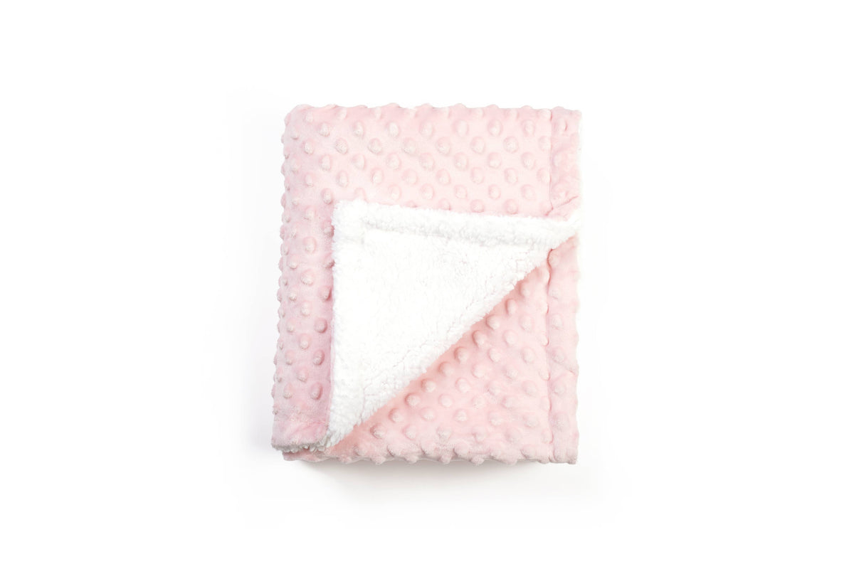 Pink minky dot baby blanket with sleepy bear neck pillow, folded blanket