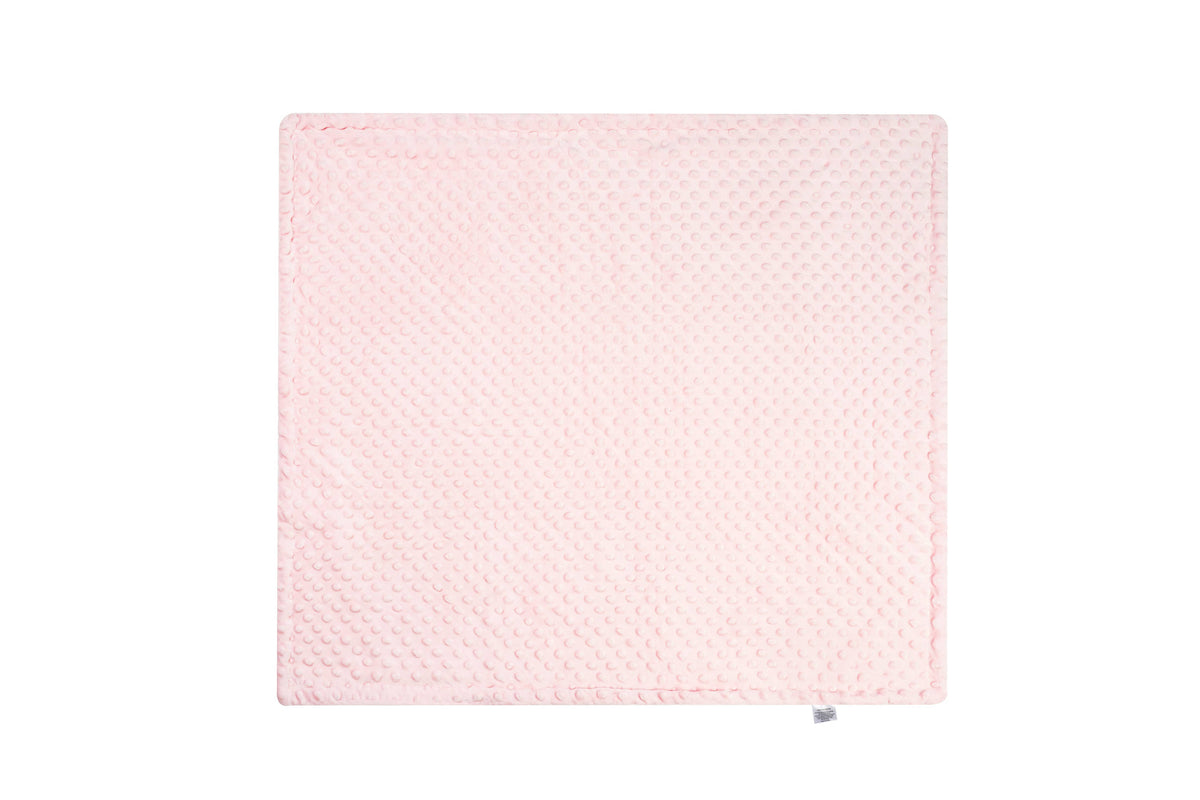 Pink minky dot baby blanket with sleepy bear neck pillow, blanket laid flat