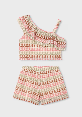 3225 Mini Girls Knit 2PC Assymeric Shoulder Crochet Knit Short Set - Tangerine