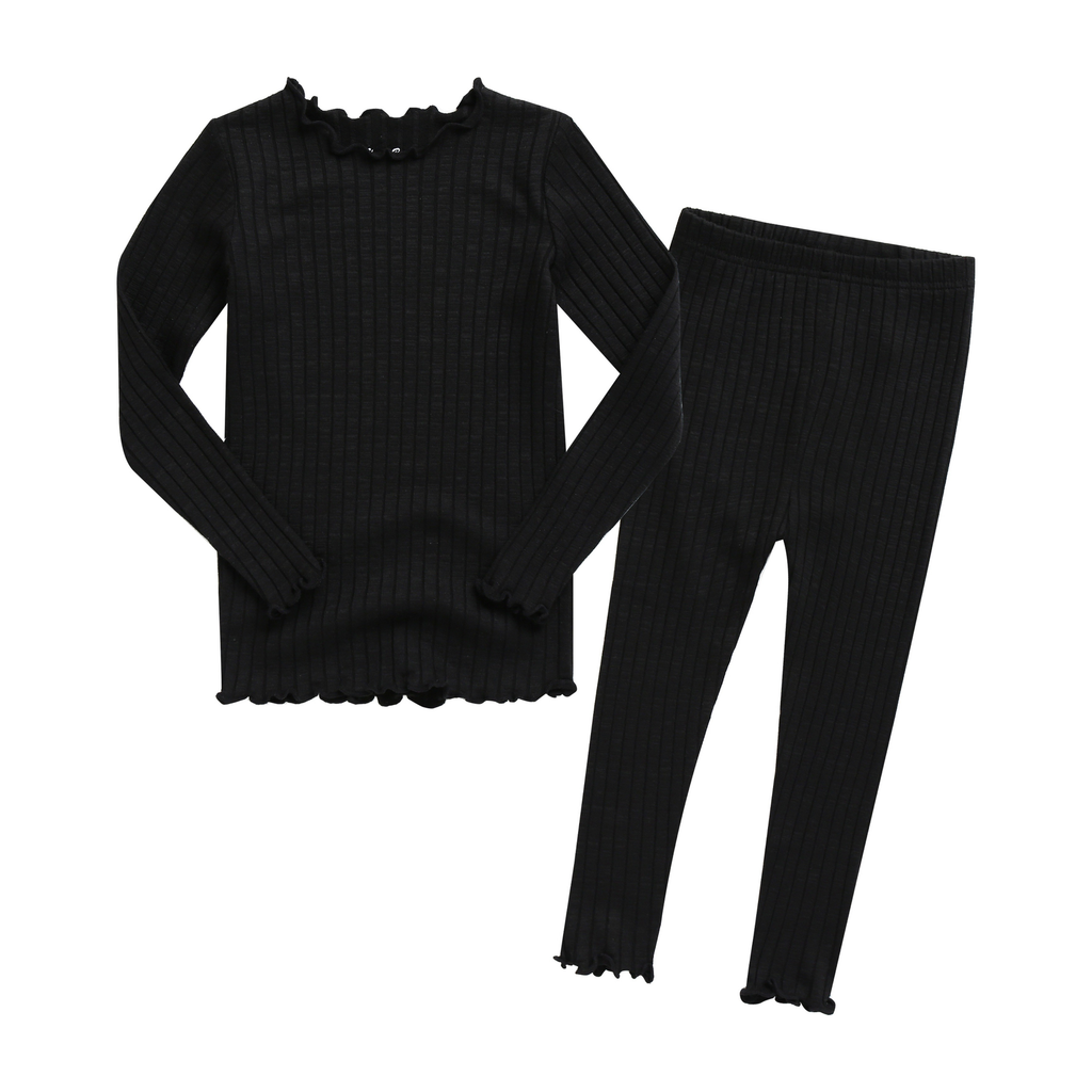 Black ribbed modal pajama set with lettuce edge trim, top and leggings front view