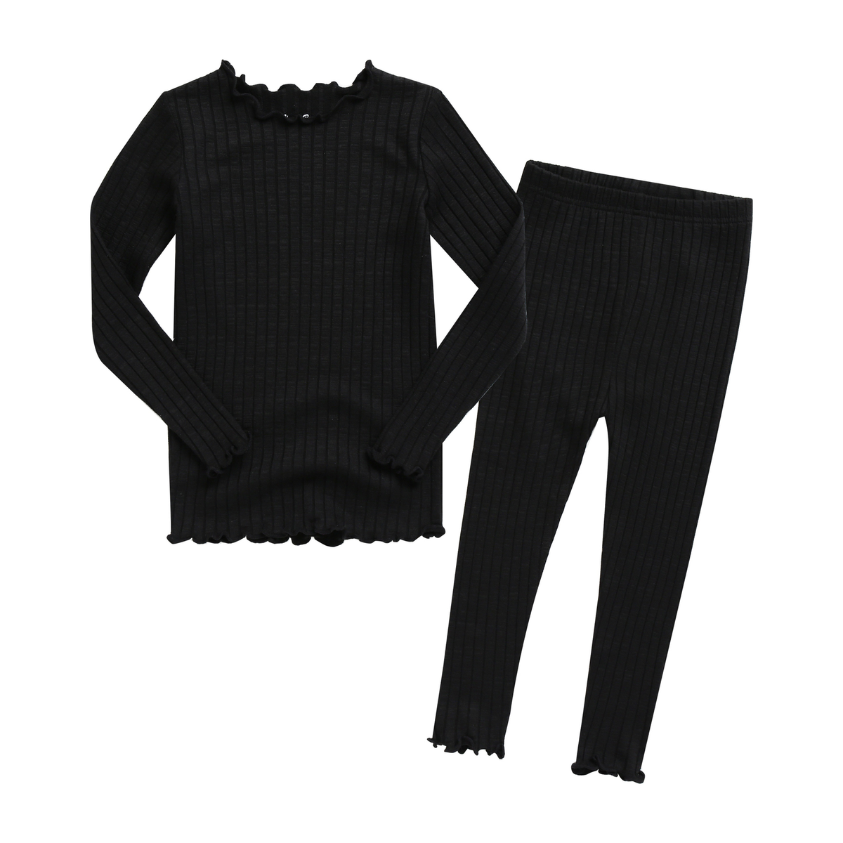 Black ribbed modal pajama set with lettuce edge trim, top and leggings front view
