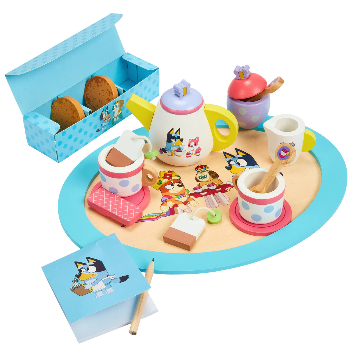 Bluey wooden tea set, set laid out