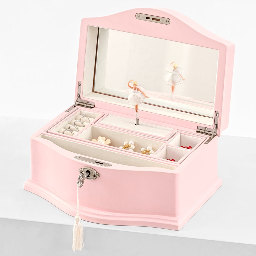 Pink musical jewelry box open with spinning ballerina and mirror
