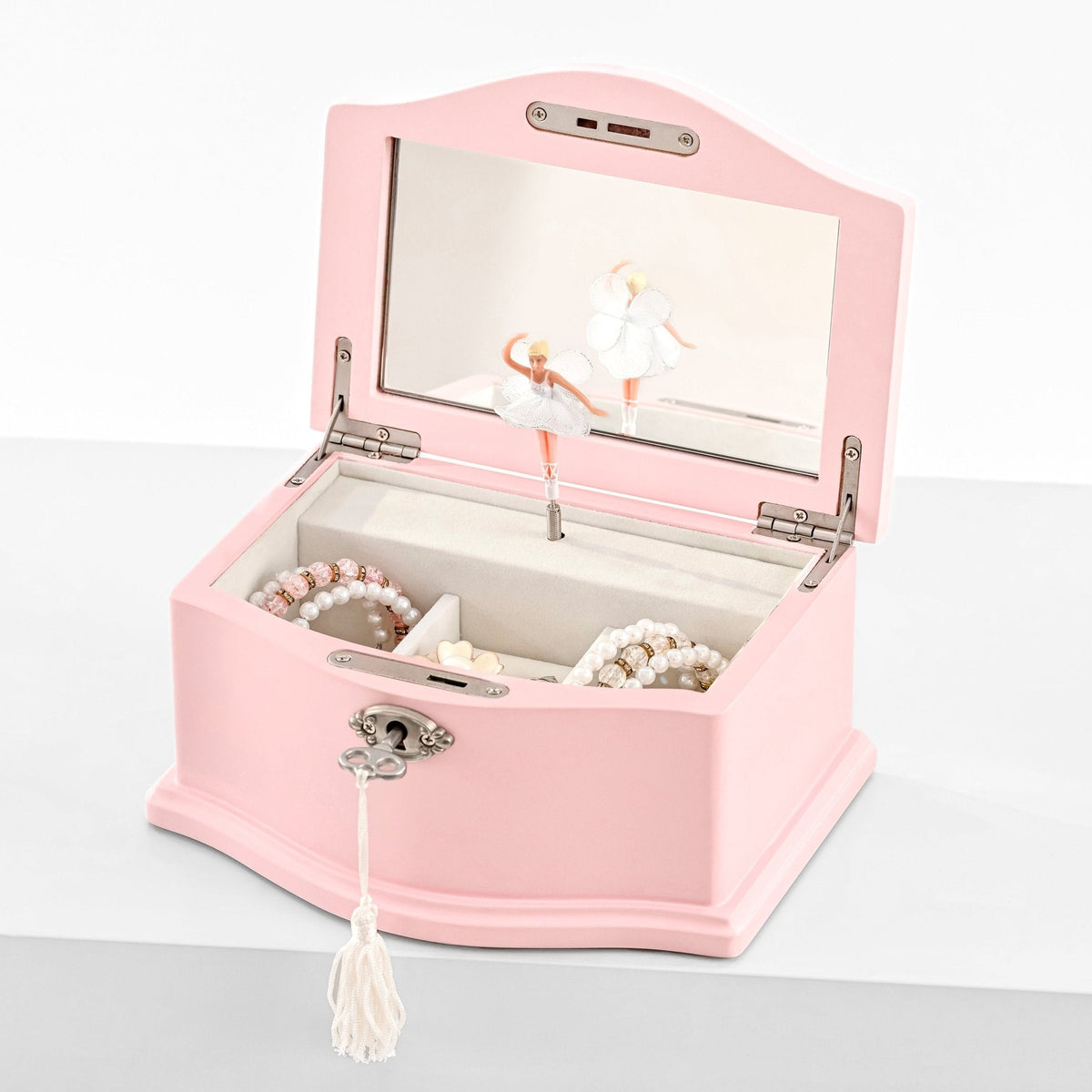 Medium pink jewelry box open with twirling ballerina