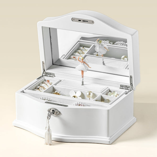 White musical jewelry box open with spinning ballerina and mirror