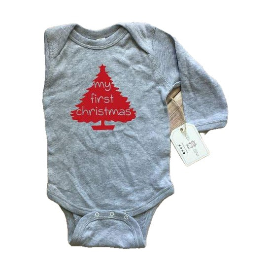 My First Christmas long sleeve baby bodysuit, grey, front view