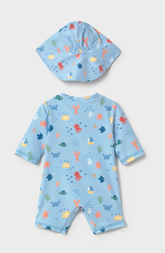 1620 Mayoral Baby Boys Rashguard Bathing Bodysuit w/ Sun Hat - Blue Ocean