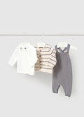Mayoral 2609 baby boy gray 3pc knit overalls cardigan and striped shirt set - front