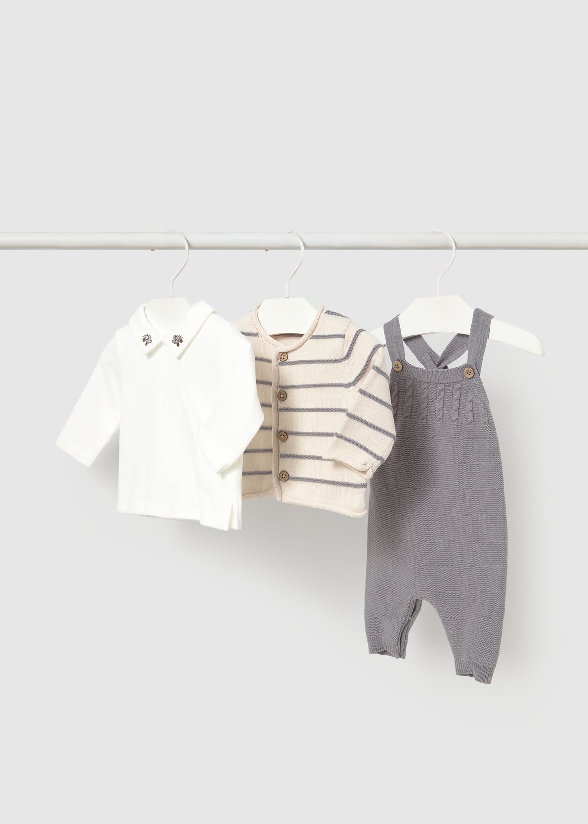 Mayoral 2609 baby boy gray 3pc knit overalls cardigan and striped shirt set - front