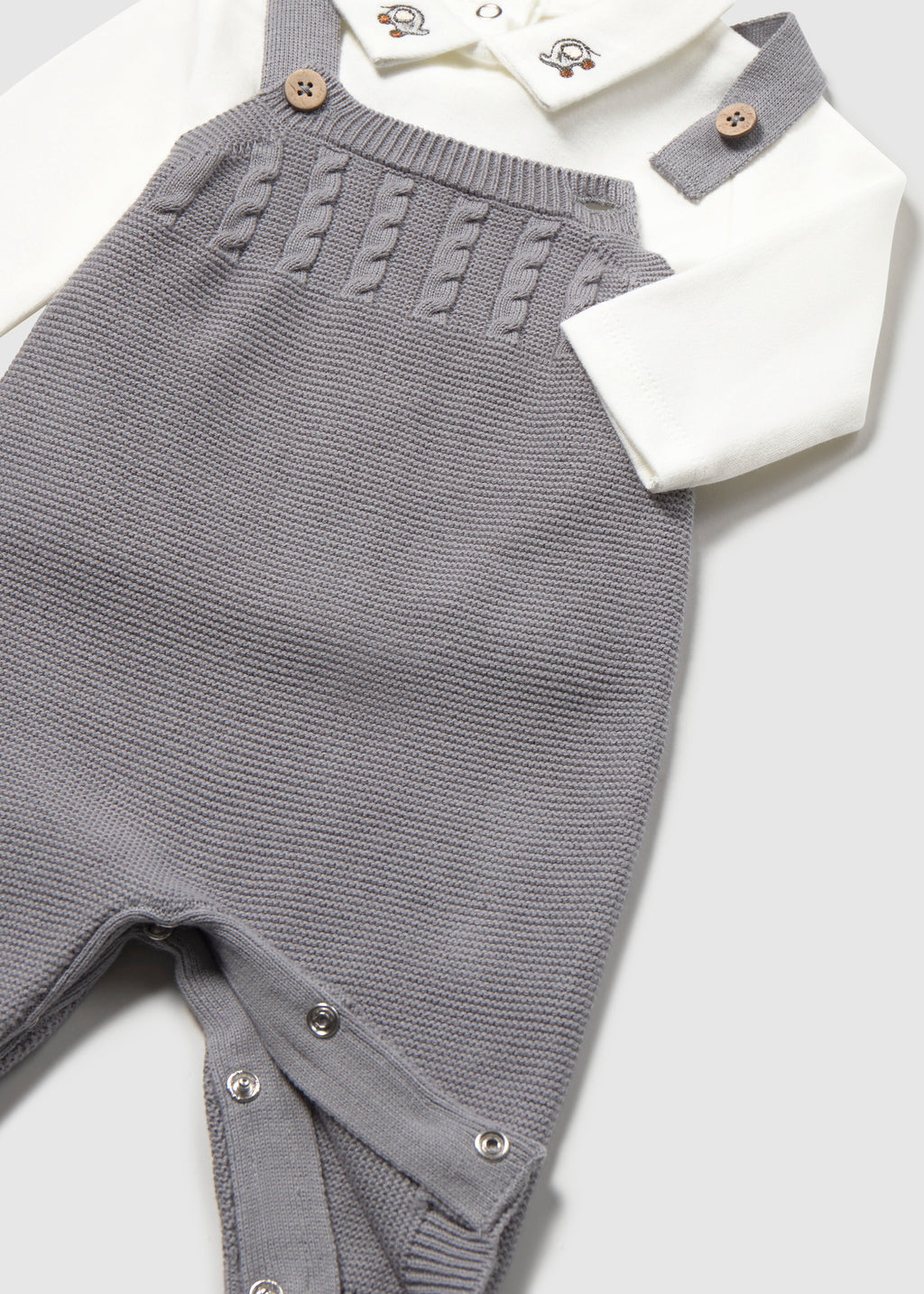 Mayoral 2609 baby boy gray 3pc knit overalls cardigan and striped shirt set - detail