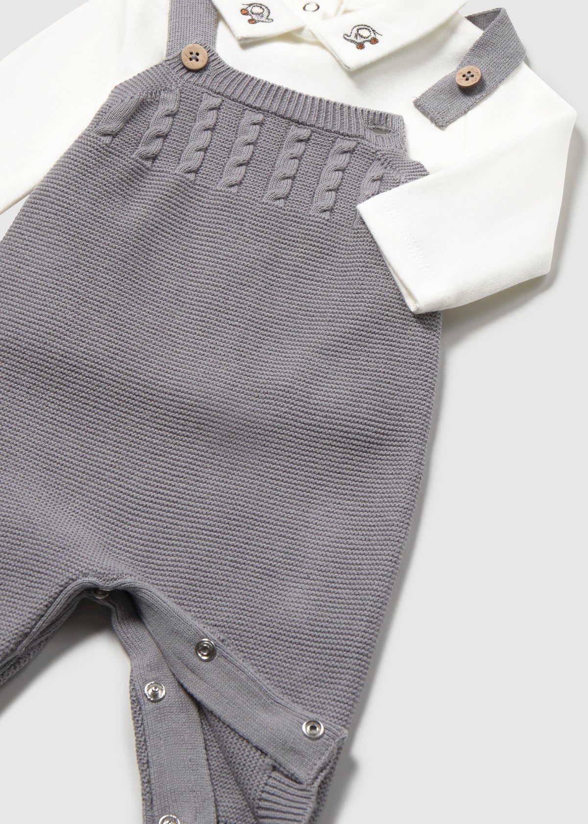 Mayoral 2609 baby boy gray 3pc knit overalls cardigan and striped shirt set - detail