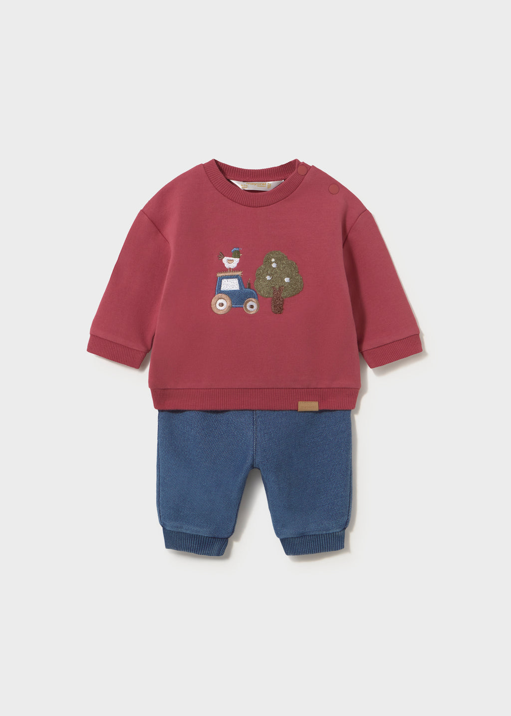 Mayoral 2535 baby boy plum embroidered farm tractor sweatshirt lounge set - front