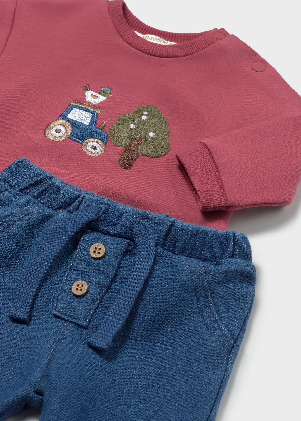 Mayoral 2535 baby boy plum embroidered farm tractor sweatshirt lounge set - detail