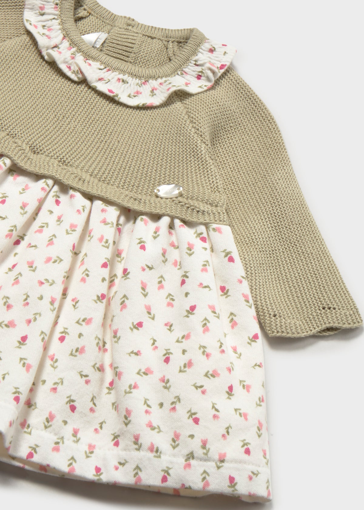 Mayoral 2805 baby girl green knit combined micro floral dress - detail