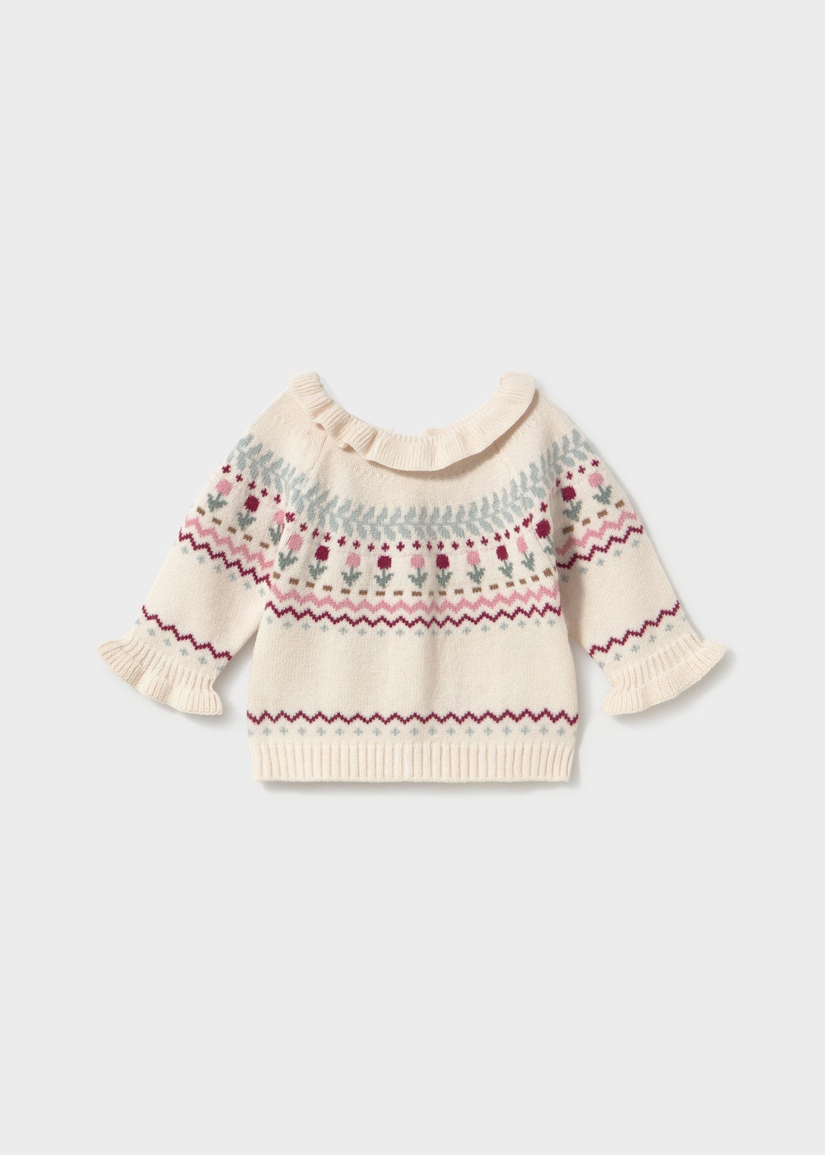 Mayoral 2366 baby girl ivory flower intarsia knit sweater with ruffled collar - front