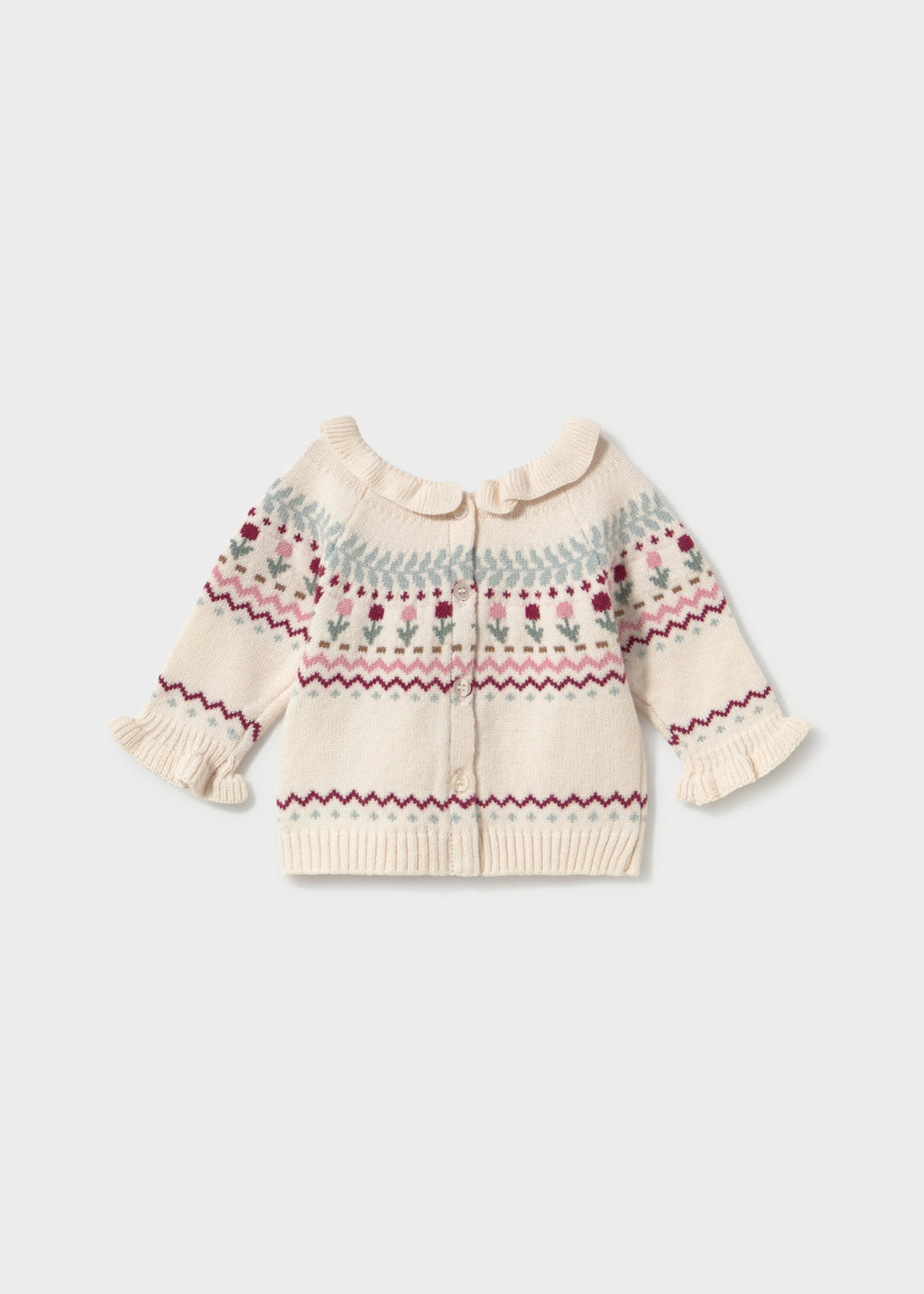 Mayoral 2366 baby girl ivory flower intarsia knit sweater with ruffled collar - back