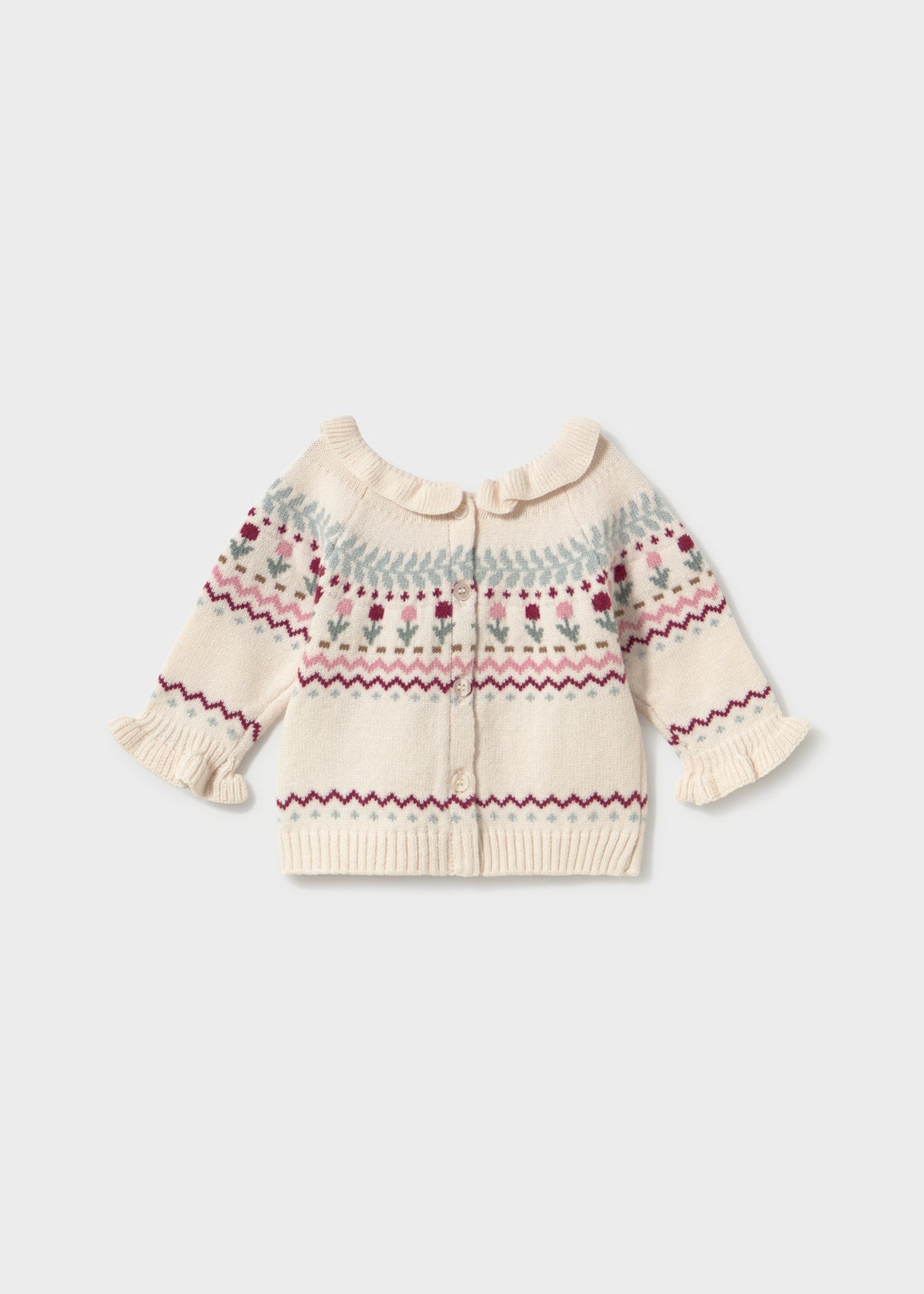 Mayoral 2366 baby girl ivory flower intarsia knit sweater with ruffled collar - back