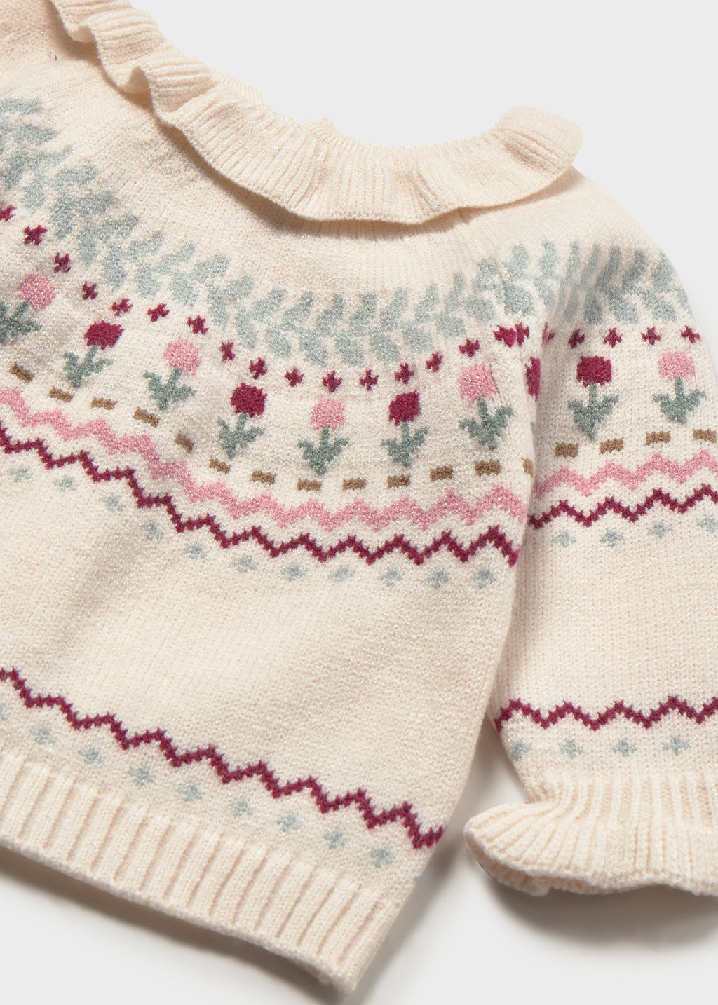 Mayoral 2366 baby girl ivory flower intarsia knit sweater with ruffled collar - detail