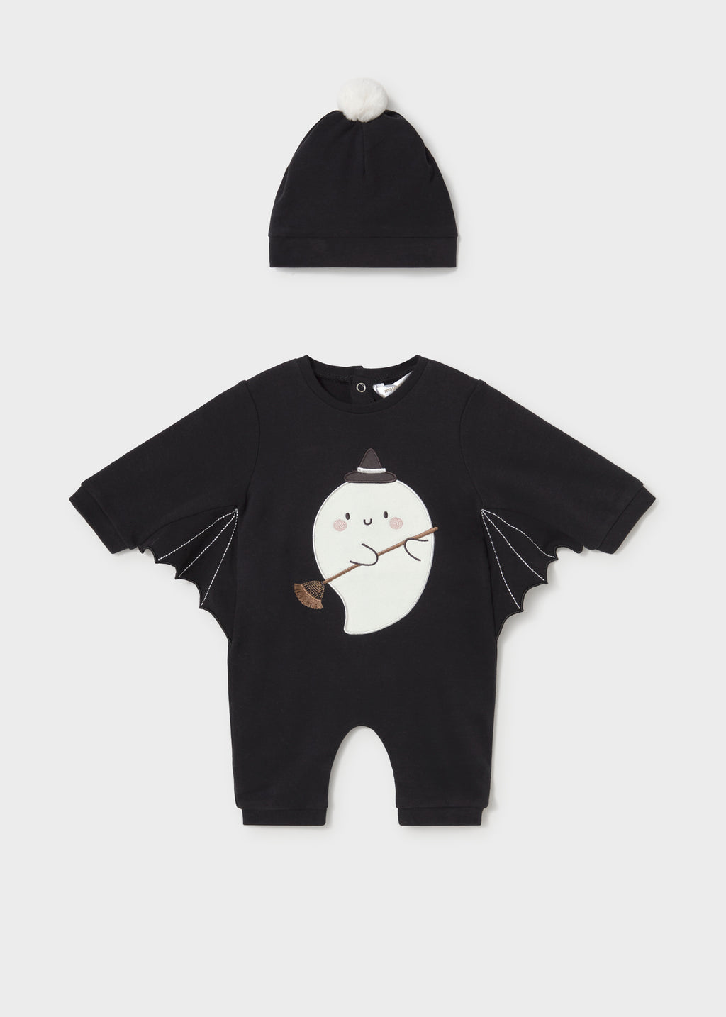 Mayoral 2771 baby unisex black glow in the dark ghost bat wing one piece romper and hat - front