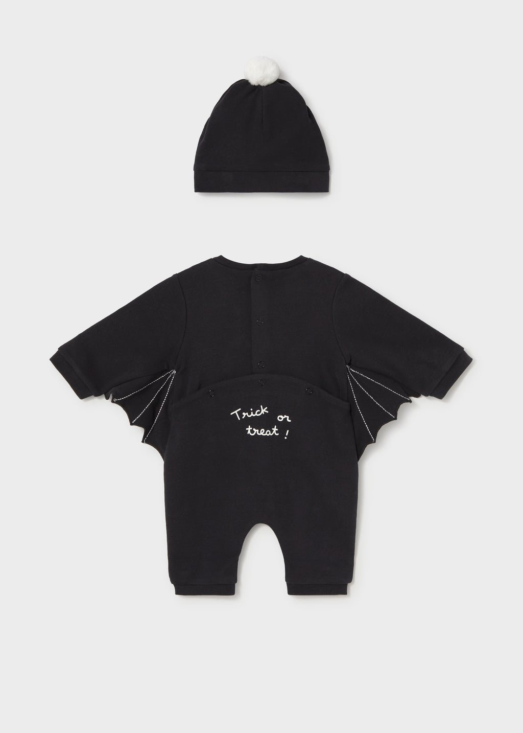 Mayoral 2771 baby unisex black glow in the dark ghost bat wing one piece romper and hat - back