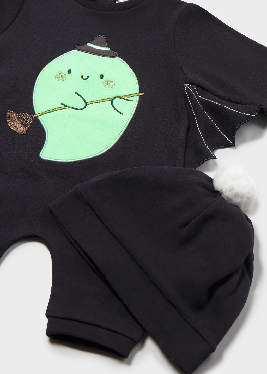 Mayoral 2771 baby unisex black glow in the dark ghost bat wing one piece romper and hat - detail