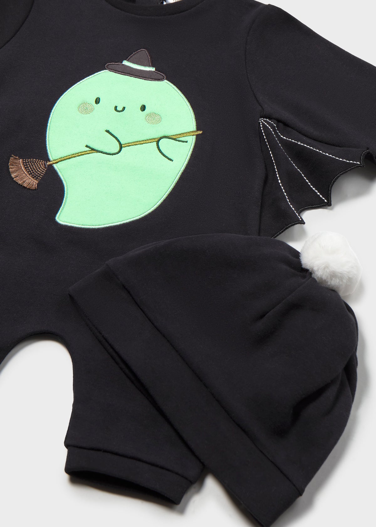 Mayoral 2771 baby unisex black glow in the dark ghost bat wing one piece romper and hat - detail