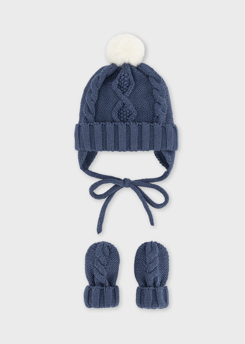 Mayoral 9120 baby unisex navy blue pom pom cable knit hat and mitten set - front