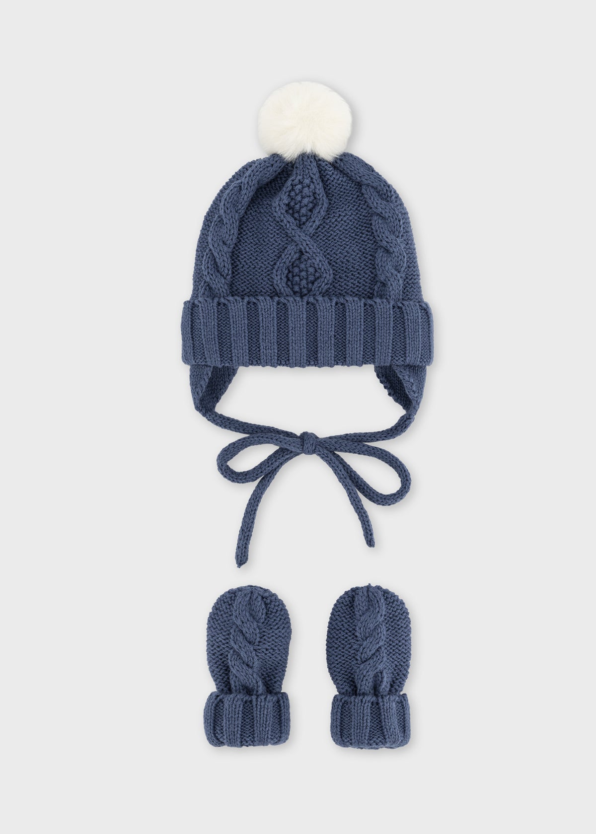 Mayoral 9120 baby unisex navy blue pom pom cable knit hat and mitten set - front