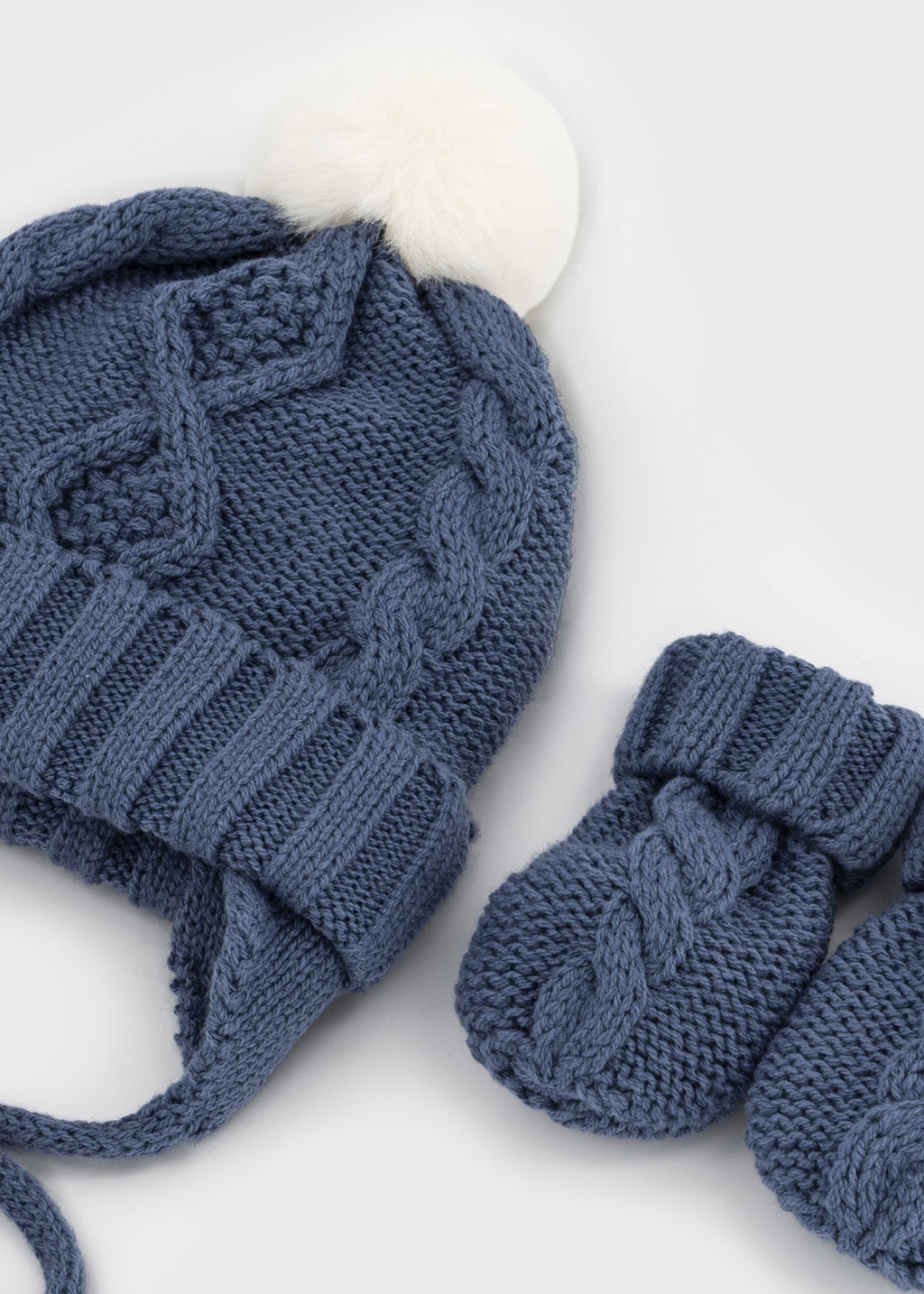 Mayoral 9120 baby unisex navy blue pom pom cable knit hat and mitten set - detail