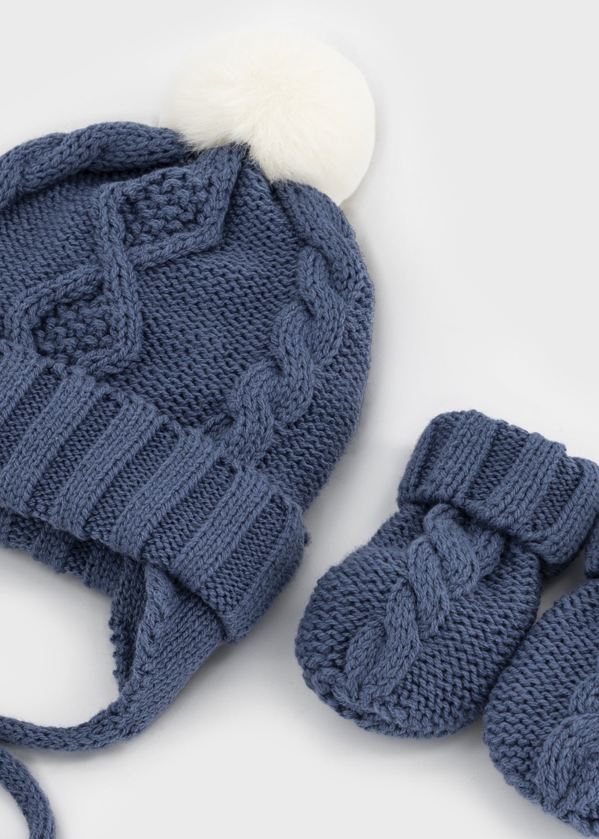 Mayoral 9120 baby unisex navy blue pom pom cable knit hat and mitten set - detail