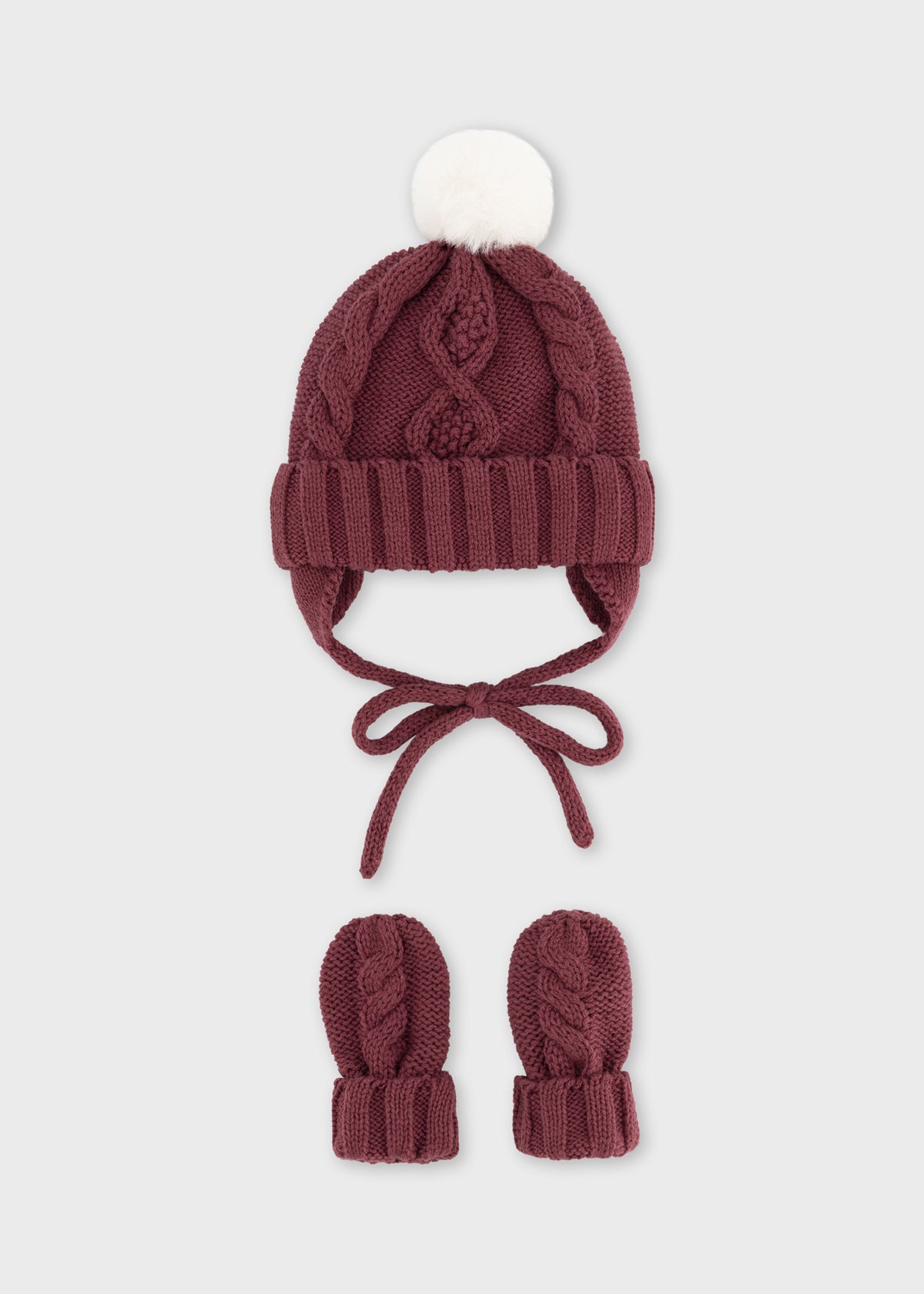 Mayoral 9120 baby unisex plum pom pom cable knit hat and mitten set - front