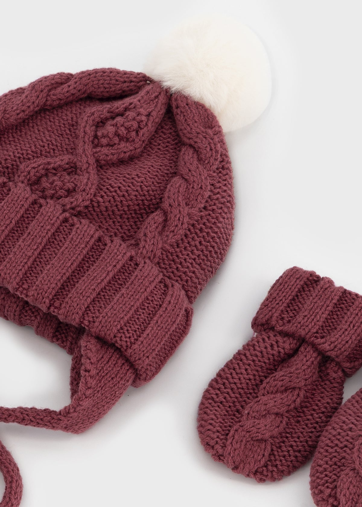 Mayoral 9120 baby unisex plum pom pom cable knit hat and mitten set - detail