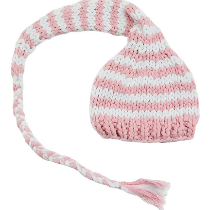Newborn knit striped braided hat, pink and white, front view