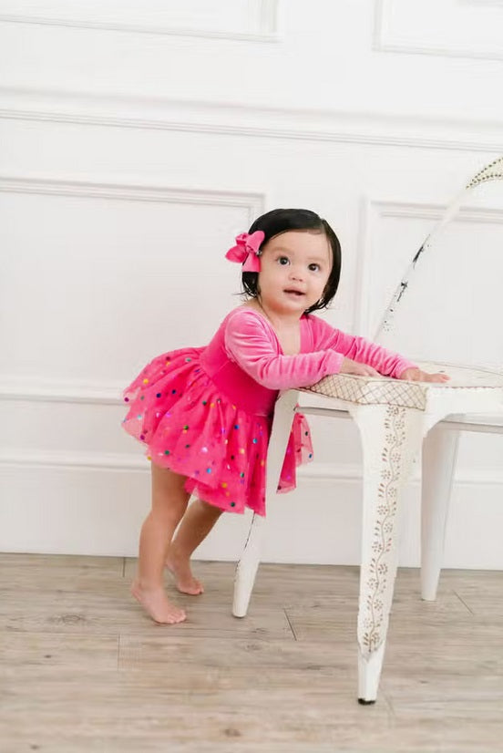 Ollie Jay velvet confetti tulle bodysuit dress, hot pink, worn by toddler