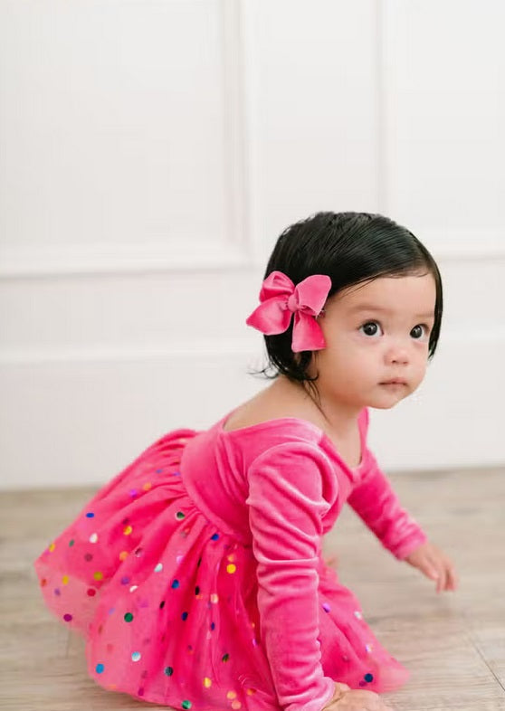 Ollie Jay velvet confetti tulle bodysuit dress, hot pink, side view