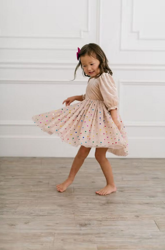 Ollie Jay velvet confetti tulle twirl dress, cream, twirling