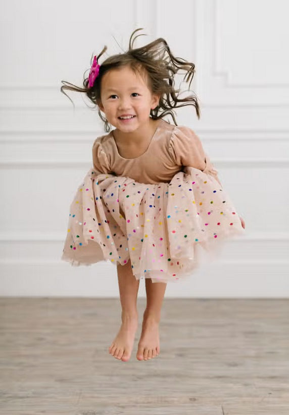Ollie Jay velvet confetti tulle twirl dress, cream, twirling
