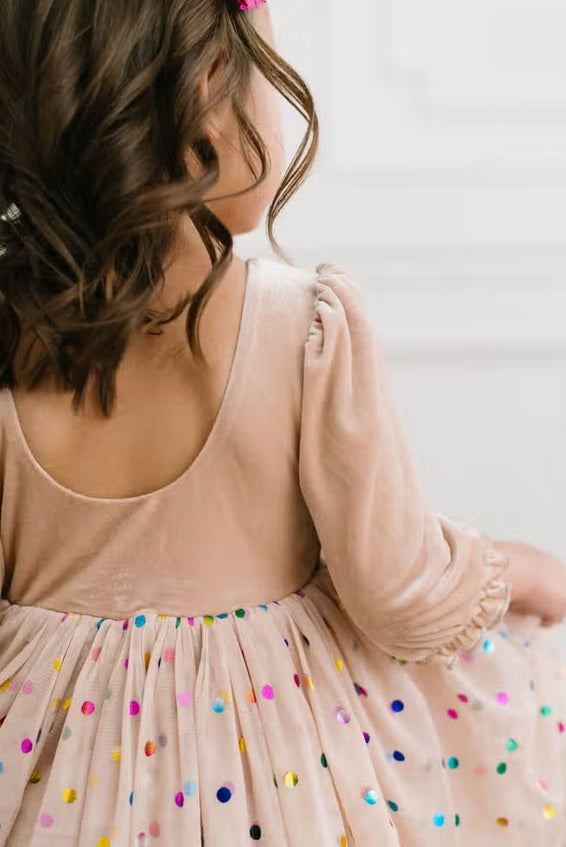 Ollie Jay velvet confetti tulle twirl dress, cream, ballet back detail