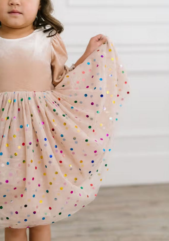 Ollie Jay velvet confetti tulle twirl dress, cream, skirt detail