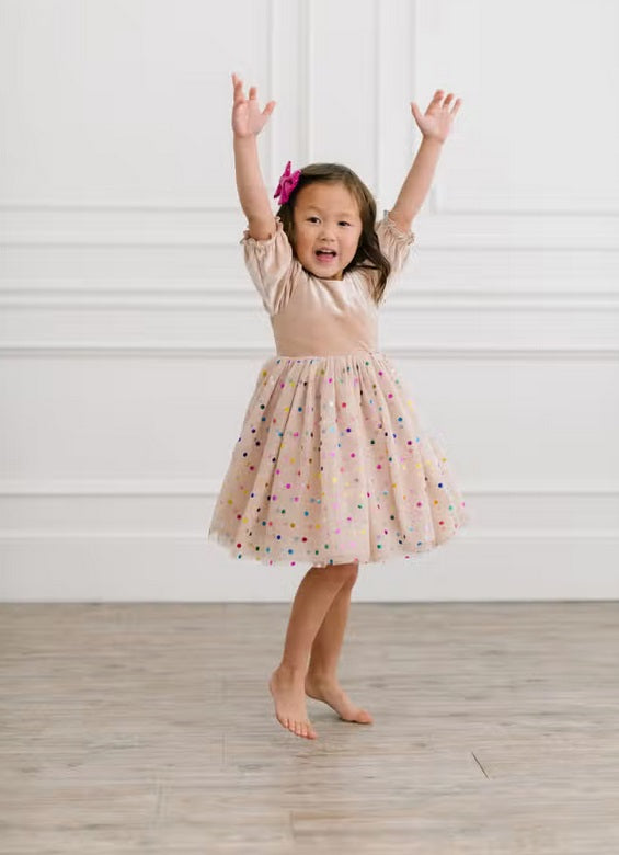 Ollie Jay velvet confetti tulle twirl dress, cream, arms up