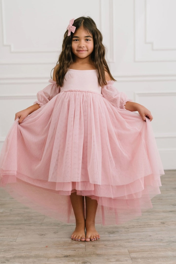 Ollie Jay Everly velvet ombre tulle gown, rose pink, front view