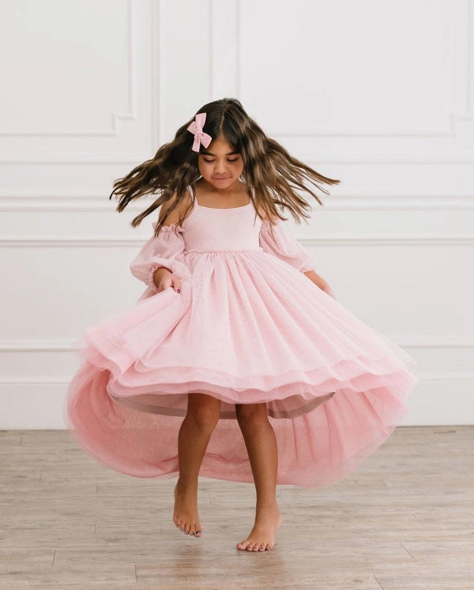 Ollie Jay Everly velvet ombre tulle gown, rose pink, twirling