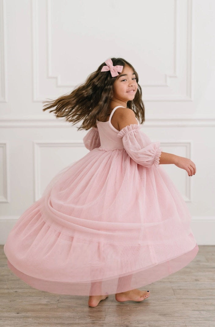 Ollie Jay Everly velvet ombre tulle gown, rose pink, twirling