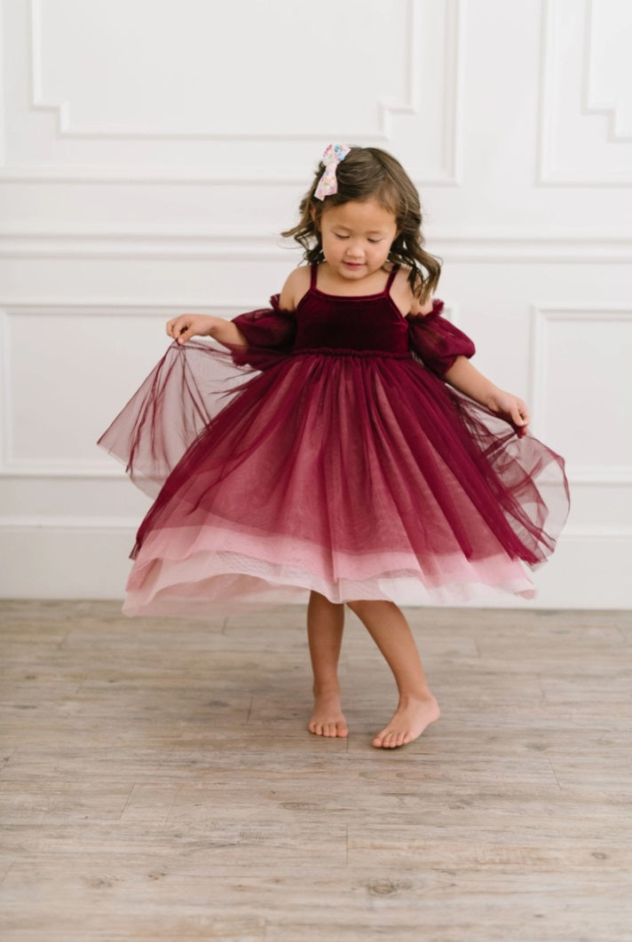 Ollie Jay Everly velvet ombre tulle gown, wine & pink, twirling