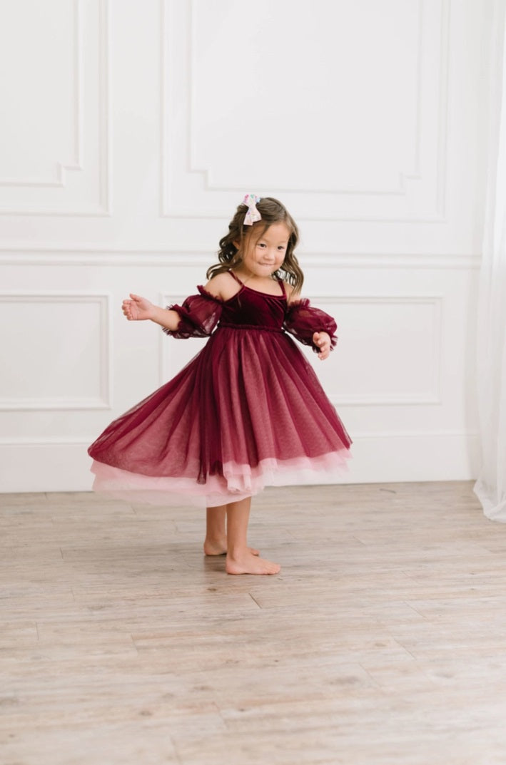Ollie Jay Everly velvet ombre tulle gown, wine & pink, twirling