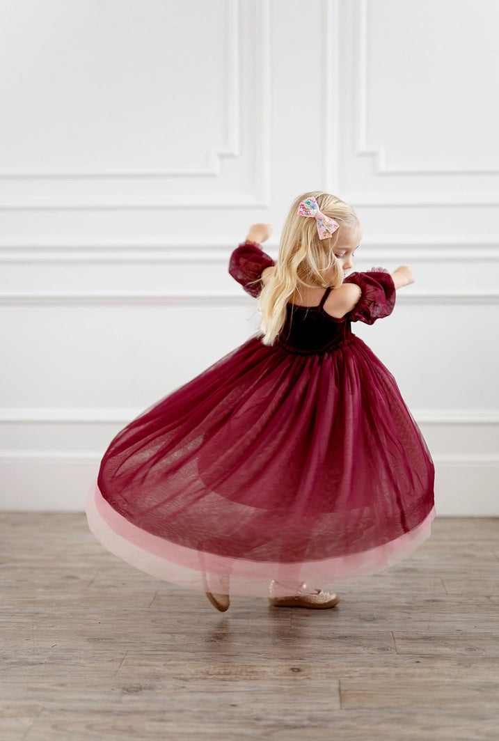 Ollie Jay Everly velvet ombre tulle gown, wine & pink, back view
