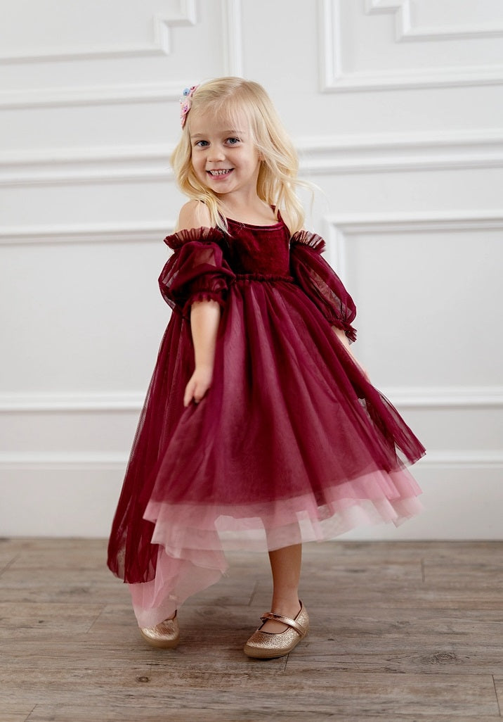 Ollie Jay Everly velvet ombre tulle gown, wine & pink, standing