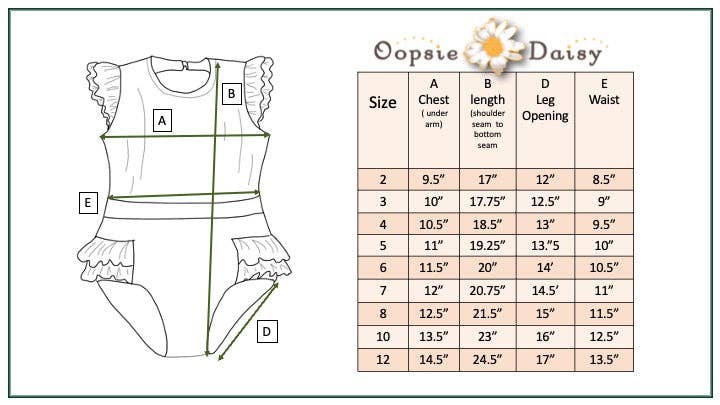 Daisy girls open back ruffle swimsuit, mint floral, size chart