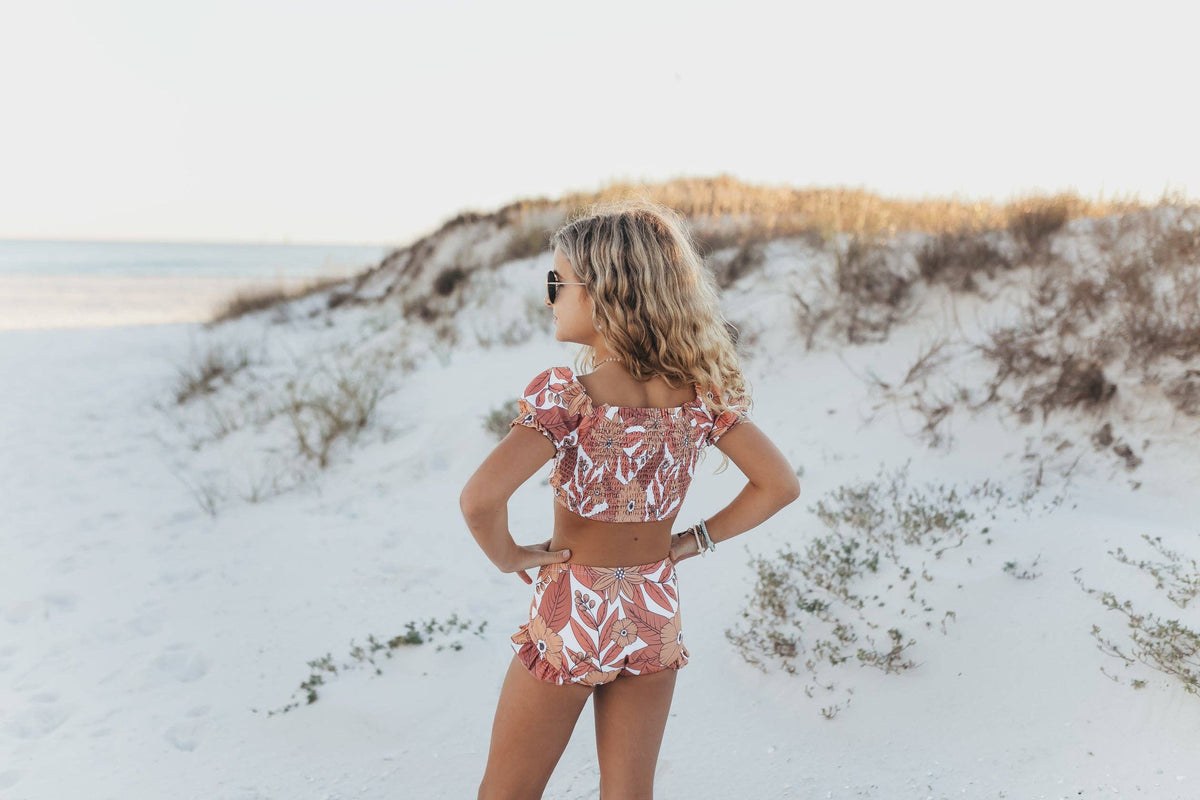 Oopsie Daisy girls off shoulder tankini set, tropical coral floral, full length