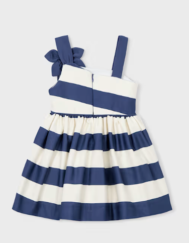 3924 Mini Girls Eco-Cotton, Formal Asymmetric Navy Striped and Flower Dress - Porcelain Blue